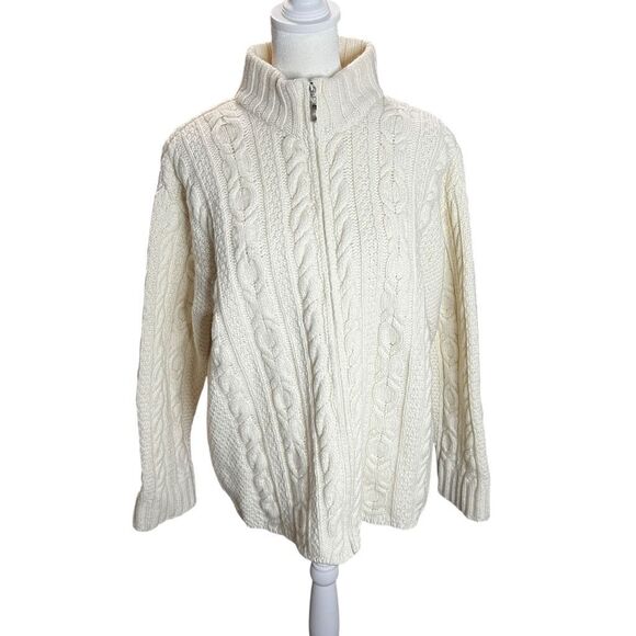 Inis Crafts Ireland Merino Wool Fisherman Cable Knit Zip Sweater Cream Small - Picture 2 of 7
